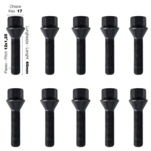 BR/617N-10 Kit 10 Bulloni Neri Esagono 17 12x1.25 Lunghezza 46mm Conici Acciaio Inox Nero