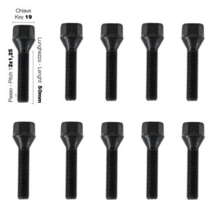 989 BR/7N-10 Kit 10 Bulloni Neri Esagono 19 12x1.25 Lunghezza 50mm Conici Acciaio Inox Nero