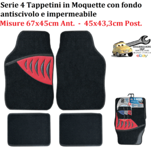 0007837OT150 Faith Set 4 Tappeti Tappetini in Moquette con Battitacco Rosso Universali 67x45cm