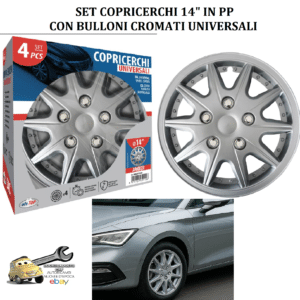 0008207OT080 Set 4 Copriruota Borchie Coppe Ruota Copricerchi 14" con Bulloni Cromati Universali