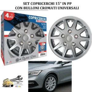 0008208OT080 Set 4 Copriruota Borchie Coppe Ruota Copricerchi 15" con Bulloni Cromati Universali