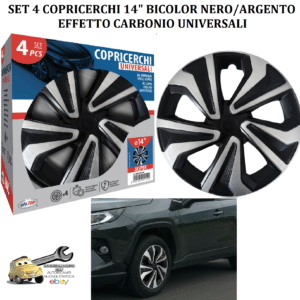 0008209OT080 Set 4 Copriruota Borchie Coppe Ruota Copricerchi 14" Nero/Argento Effetto Carbon