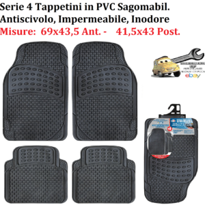 0007846OT150 Set 4 Tappeti Tappetini in PVC Universali Sagomabili 69x43,5cm con Bordi Rialzati