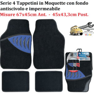 0007839OT150 Faith Set 4 Tappeti Tappetini in Moquette con Battitacco Blu Universali 67x45cm